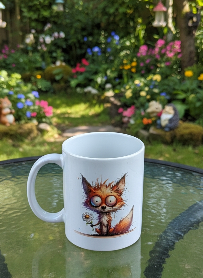 White ceramic mug featuring a quirky cartoon fox holding a daisy, sitting on a textured green glass table. Lush garden background.