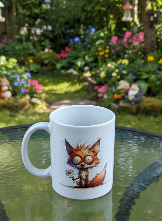 White ceramic mug featuring a quirky cartoon fox holding a daisy, sitting on a textured green glass table. Lush garden background.