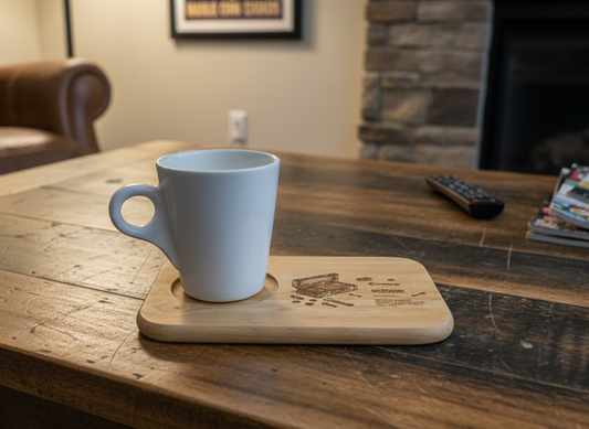 Thick white mug on a rectangular, light wooden coaster engraved with text, resting on a rustic, dark-grained table.