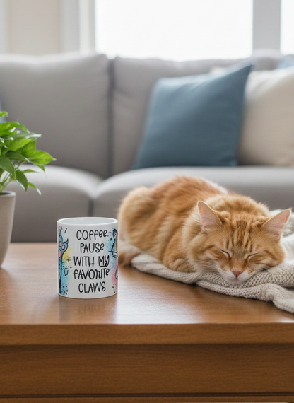 White mug next to a fluffy ginger cat sleeping on a textured beige blanket. Dark brown table; Grey sofa in background.