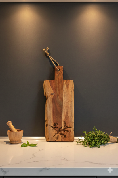 Upright, rectangular wooden serving board with handle and botanical engraving, flanked by mortar, pestle and thyme. Dark Grey wall.