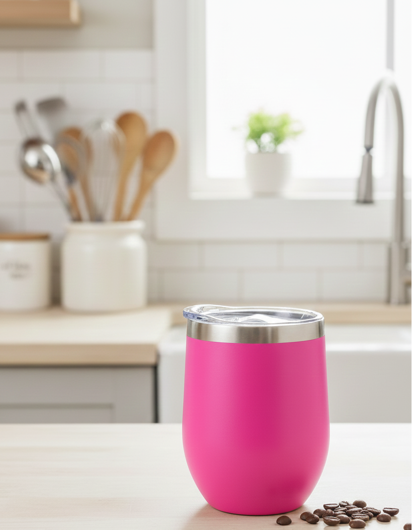 Bright magenta, matte, egg-shaped tumbler with a stainless steel rim and clear lid on a wooden surface beside coffee beans.
