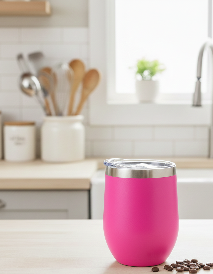 A vibrant matte hot pink insulated tumbler stands on a light wooden countertop with scattered coffee beans. White tiled background.