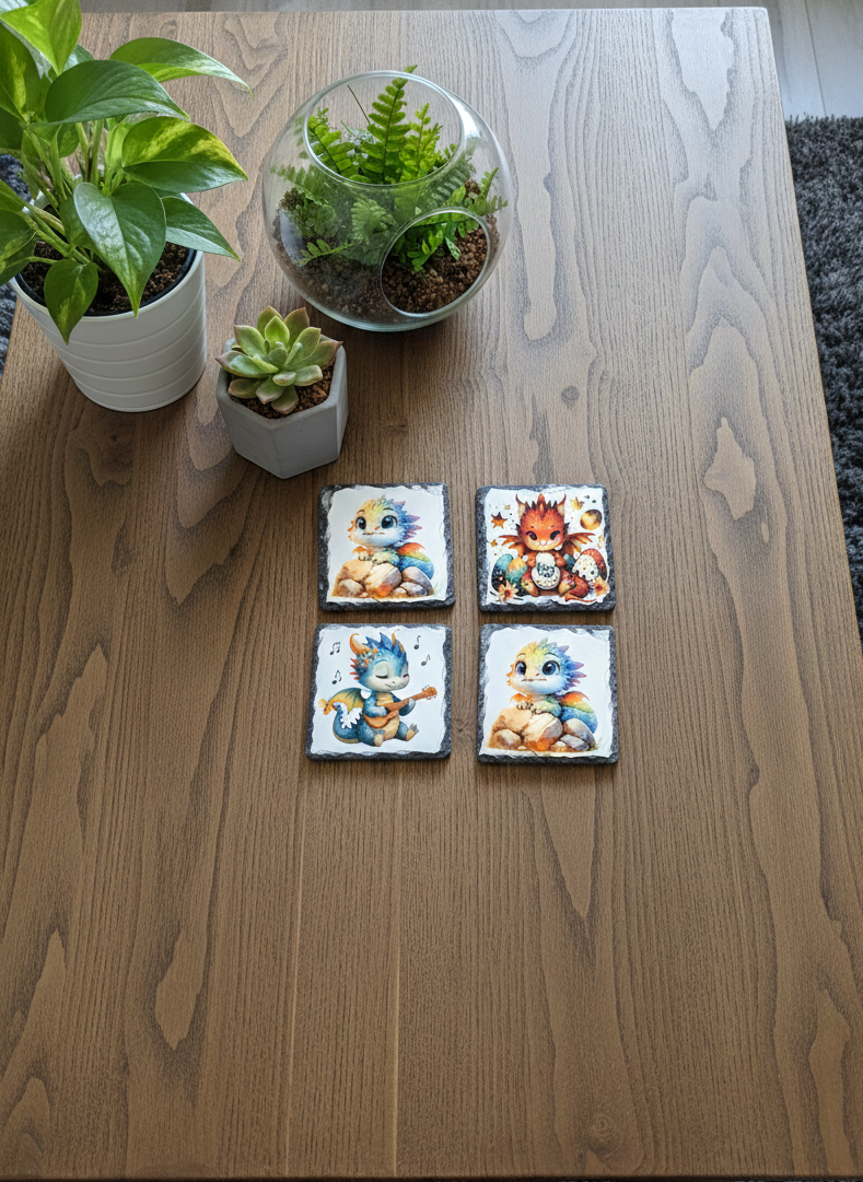 Four square slate coasters featuring colourful cartoon dragons on a wooden table, next to potted plants.