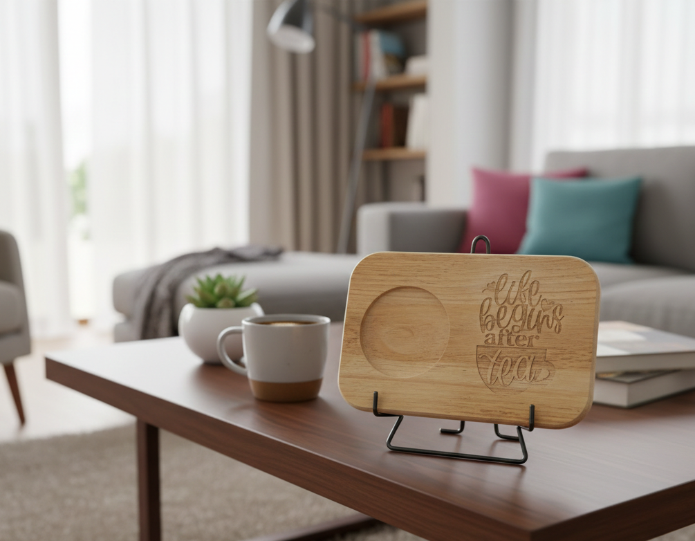 Light wood display plaque with engraved text and cup indent stands on a black easel on a dark brown coffee table.