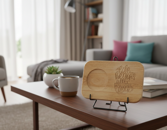 Light wood display plaque with engraved text and cup indent stands on a black easel on a dark brown coffee table.