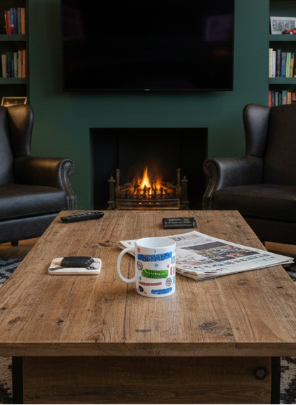 White mug and newspaper resting on a wide, distressed wood table. Dark leather wingback chairs flank a glowing fireplace and deep green wall.
