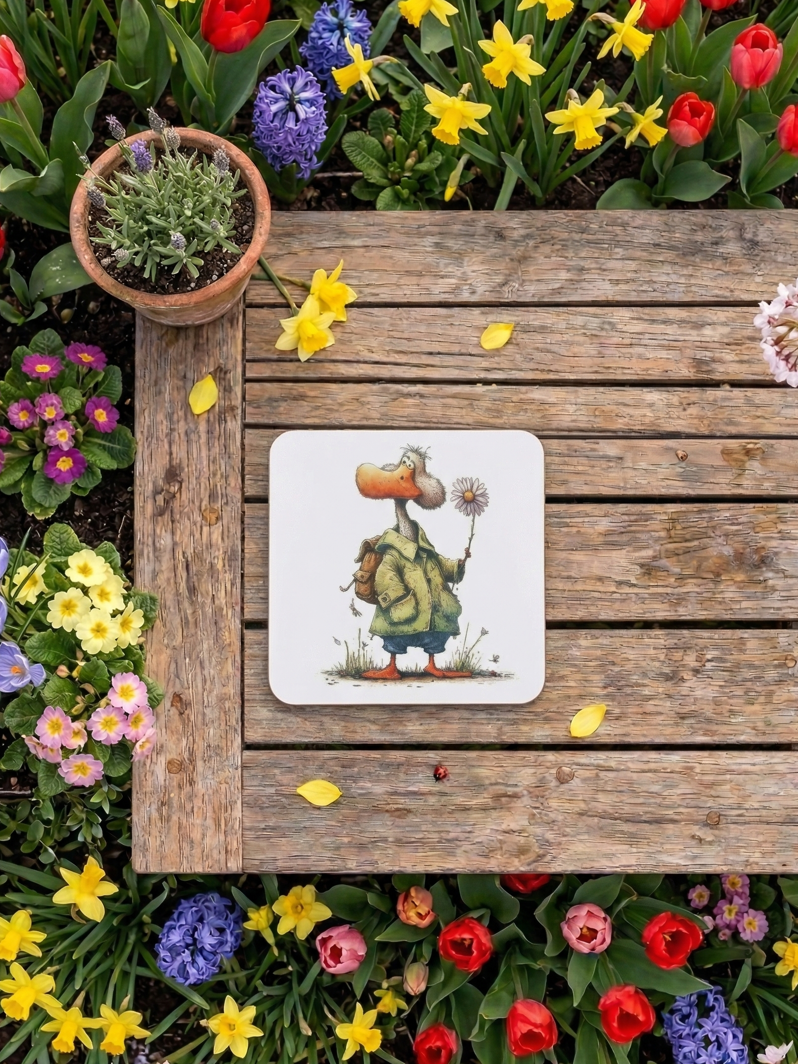 Coaster featuring a duck in a green coat on a wooden bench, encircled by red tulips and yellow spring flowers.