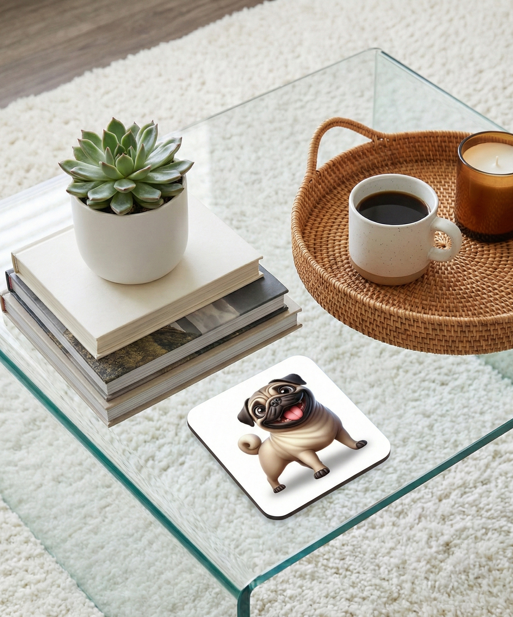 Smiling fawn Pug dog coaster on a glass table. Books and a white succulent pot are arranged on a plush cream rug.