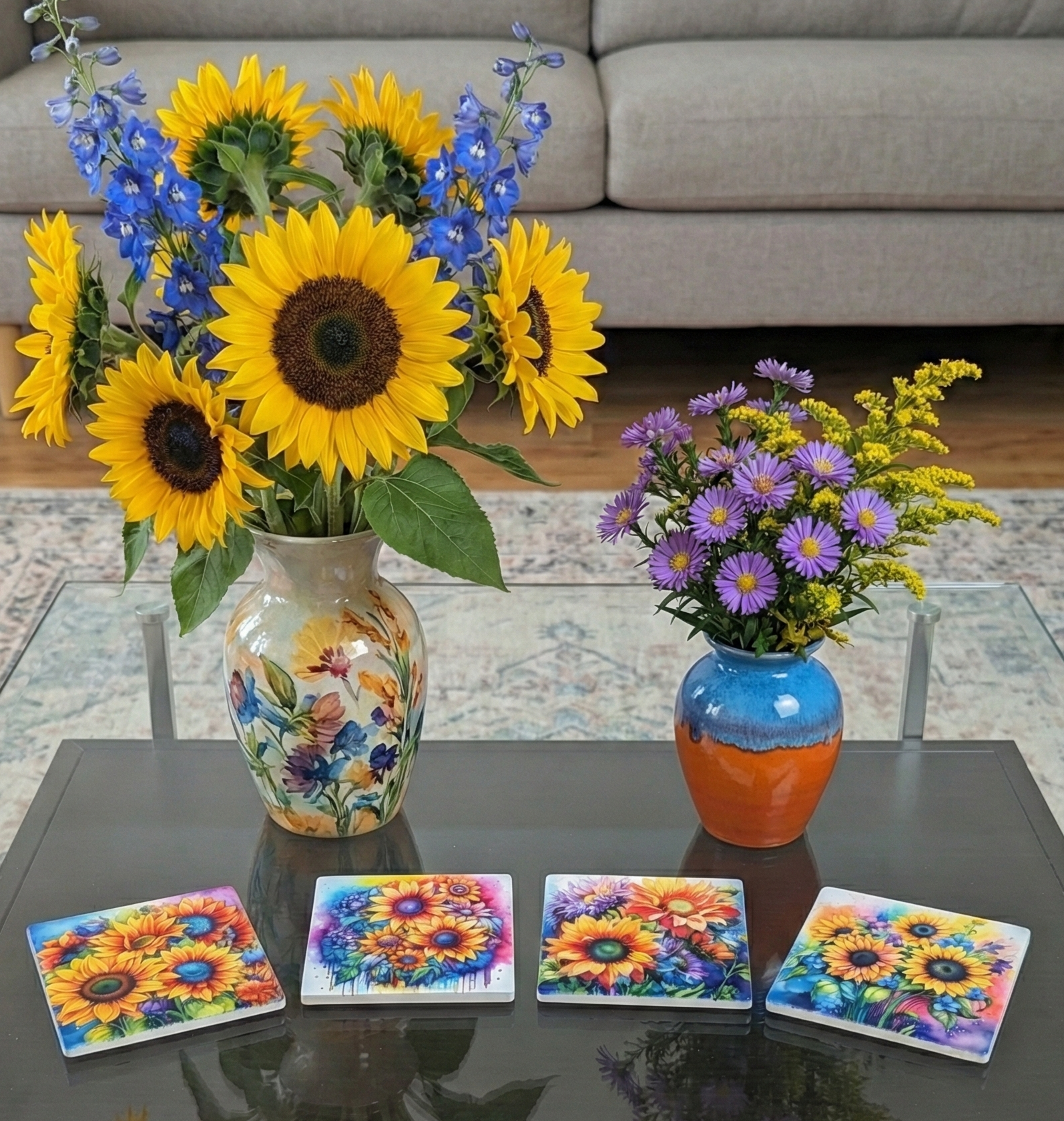 Yellow sunflowers and blue delphiniums in a floral vase beside purple asters and four coasters on a glass table.