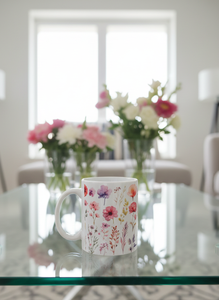 A white ceramic mug with delicate watercolour floral patterns (pinks, purples) stands on a reflective glass coffee table.