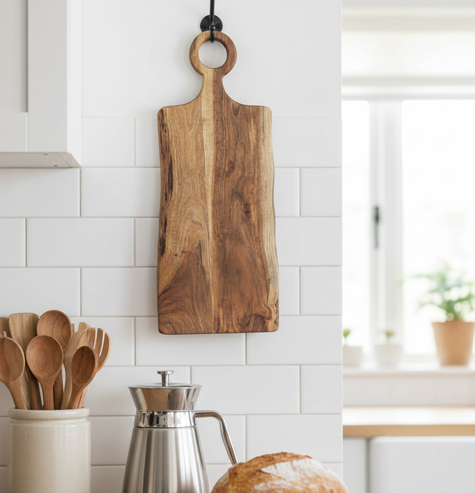 Rustic 65cm Acacia wood board hanging by its handle on a bright kitchen wall above a counter with a coffee pot, utensils, and fresh bread, showing decorative storage.