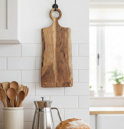 Rustic 65cm Acacia wood board hanging by its handle on a bright kitchen wall above a counter with a coffee pot, utensils, and fresh bread, showing decorative storage.