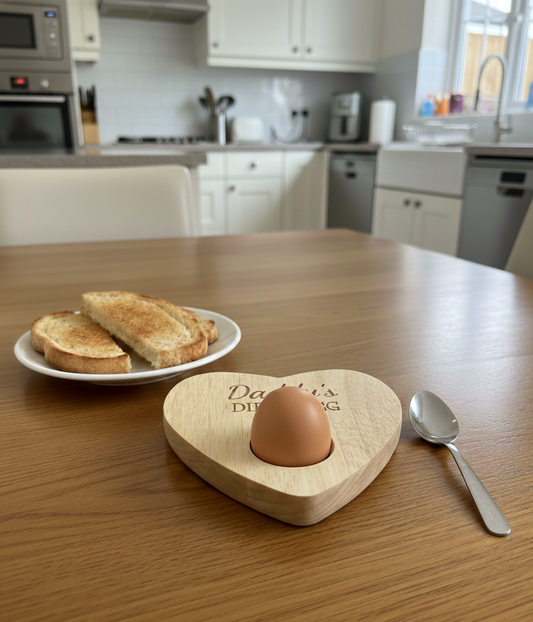 Heart-shaped light wood egg cup with brown egg, beside golden toast, on a polished brown kitchen table.