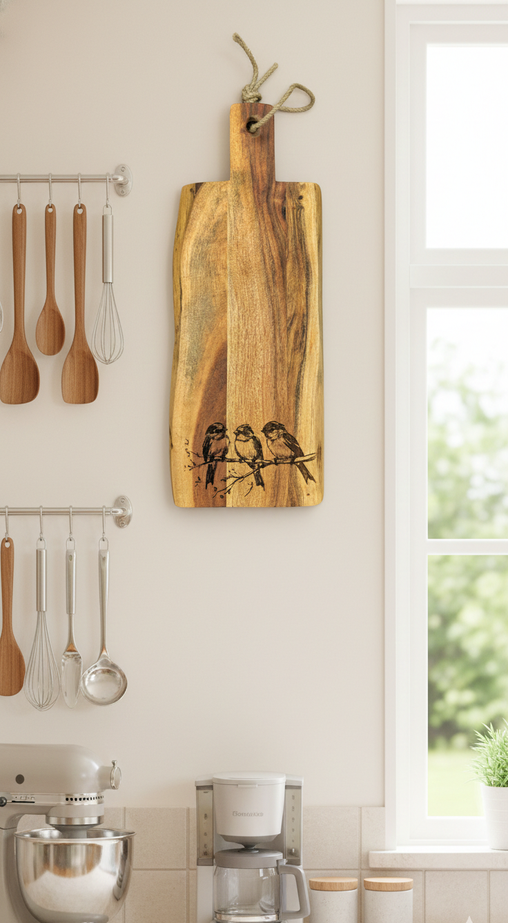 Rustic acacia cutting board with dark grain and live edges, featuring three engraved black birds, hanging by thick twine.