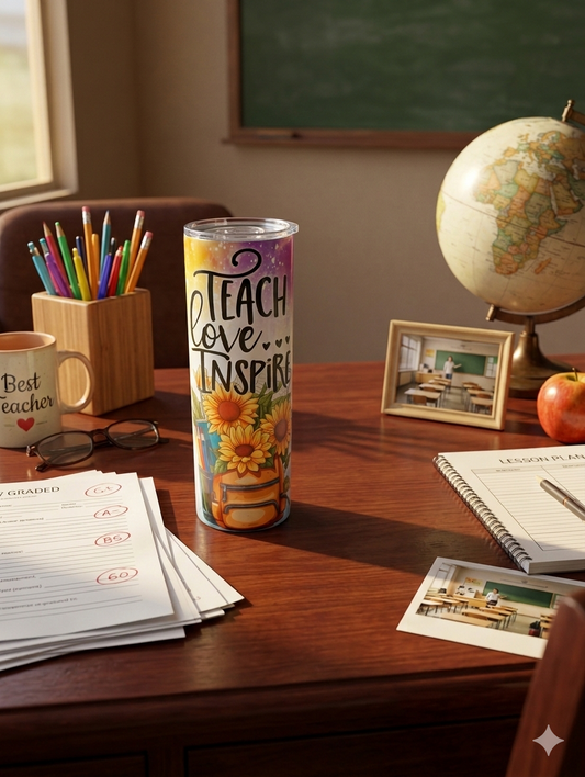 Colourful sunflower tumbler on a wooden desk with pencils, a globe, and teacher supplies in warm, natural light.
