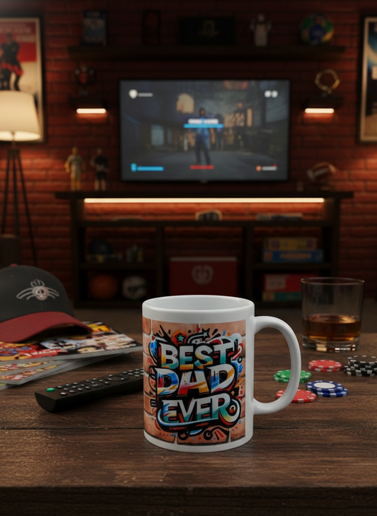 White ceramic mug with colourful graffiti text "BEST DAD EVER" on a dark wood table with poker chips and a glass of amber liquid.