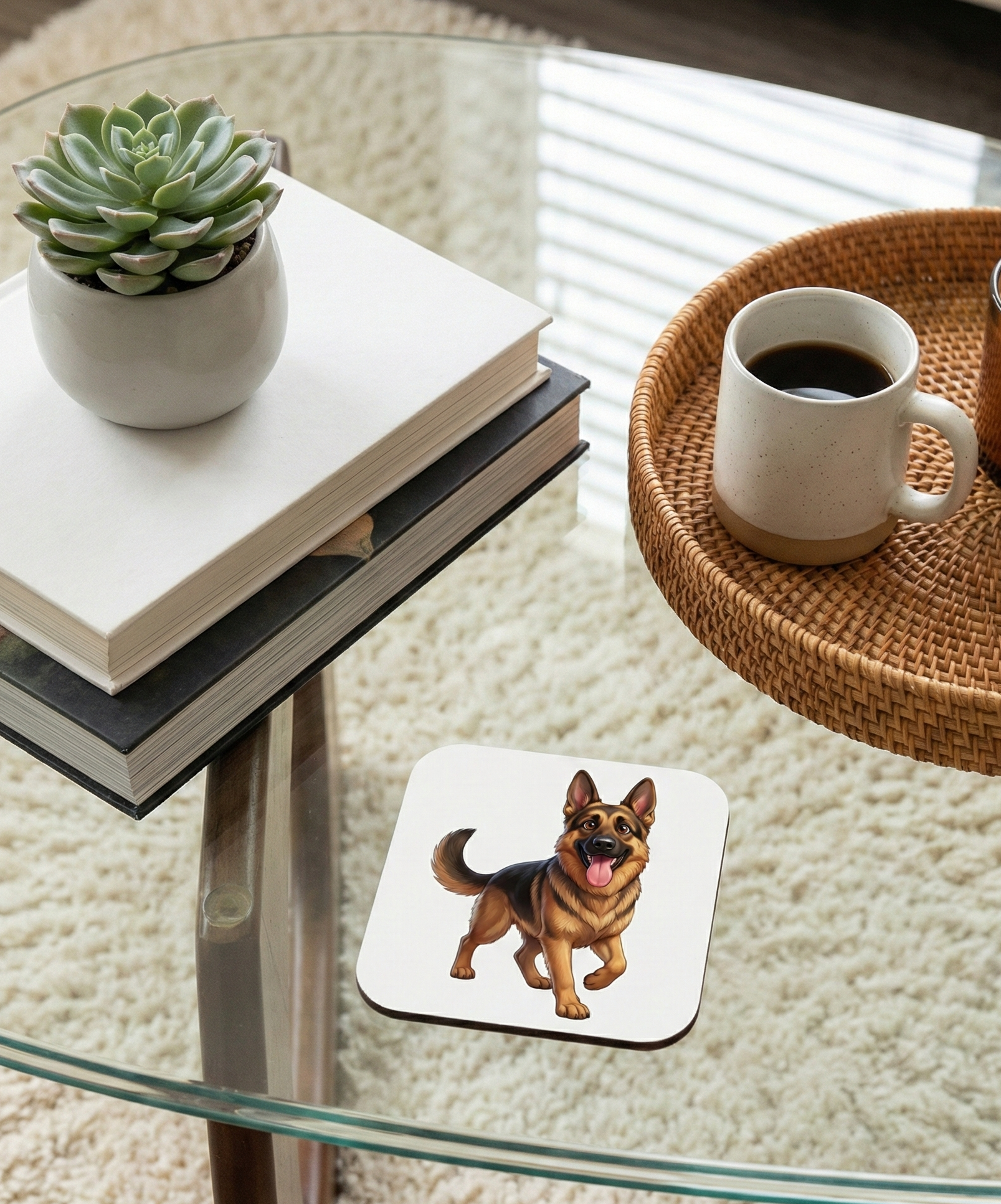 German Shepherd dog coaster on a glass table. A white plant pot and a coffee mug in a wicker tray are nearby.