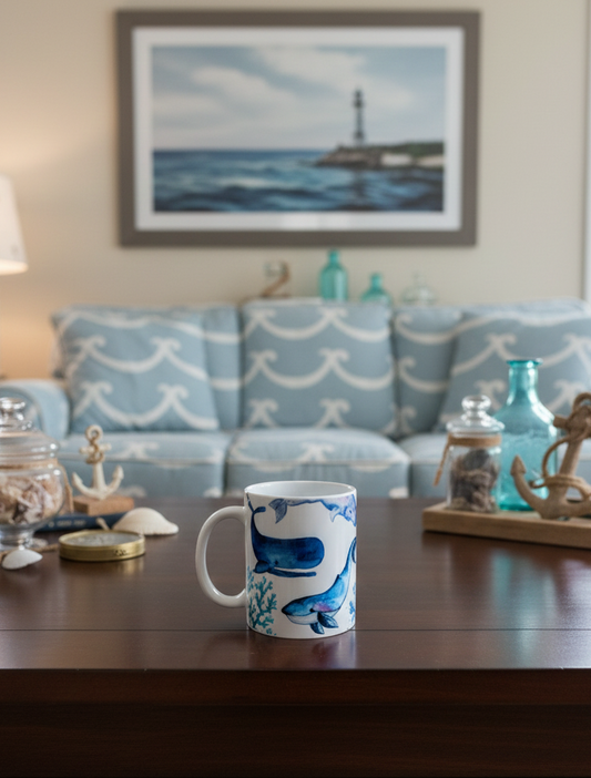 White ceramic mug, blue whale illustrations, resting on a dark, polished mahogany table. Light blue sofa background.