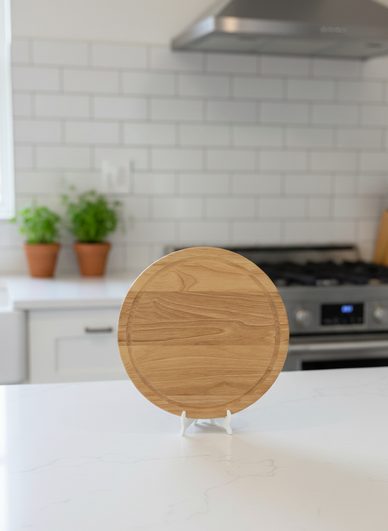 Round, light brown wooden serving board displaying grain texture, set against a modern kitchen with white subway tiles and stainless steel.