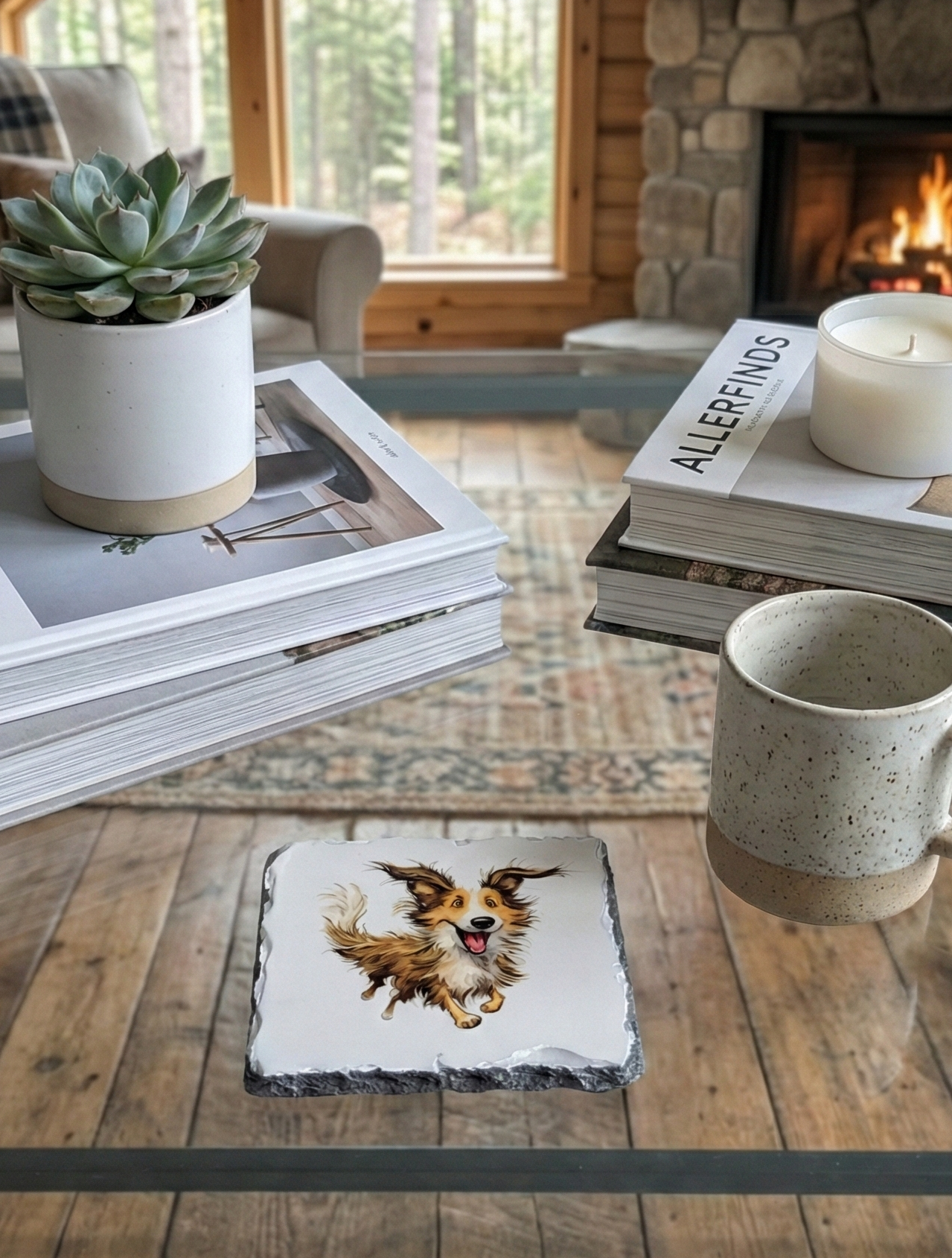 Stone coaster with a fluffy brown dog running, on a glass table in a room with warm wooden flooring.
