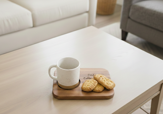 Close-up of a speckled mug and biscuits on a dark brown wooden serving board atop a pale blonde wood coffee table.
