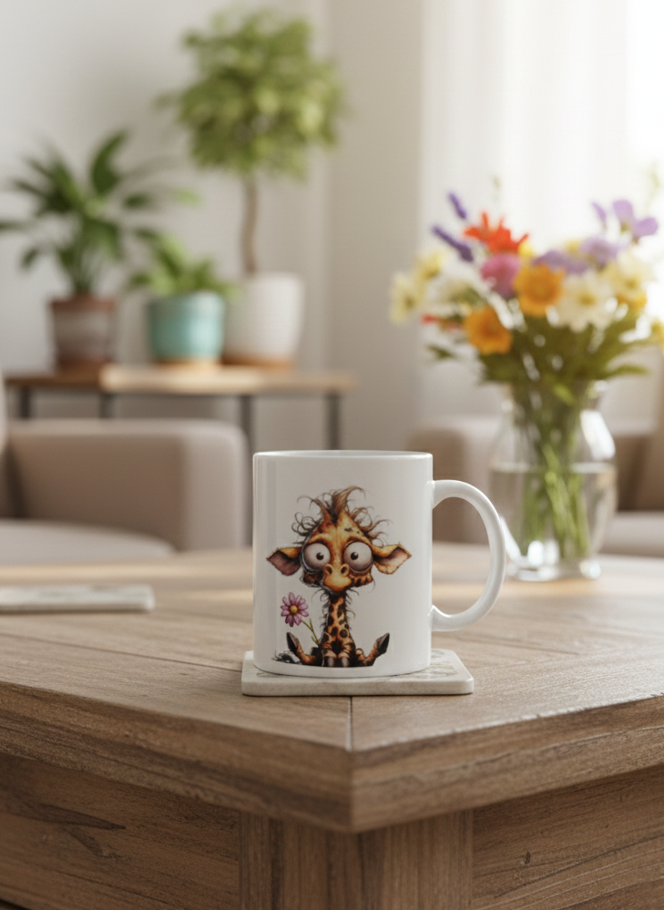 White ceramic mug with a cartoon giraffe design, resting on a square marble coaster on a dark, heavily textured wood coffee table.
