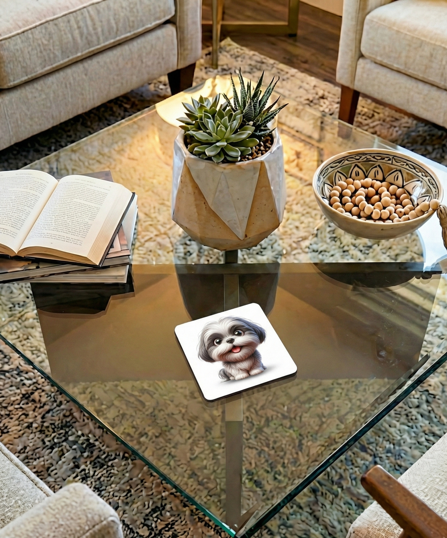 White and grey Shih Tzu dog coaster on a glass coffee table. A geometric pot with succulents is in the background.
