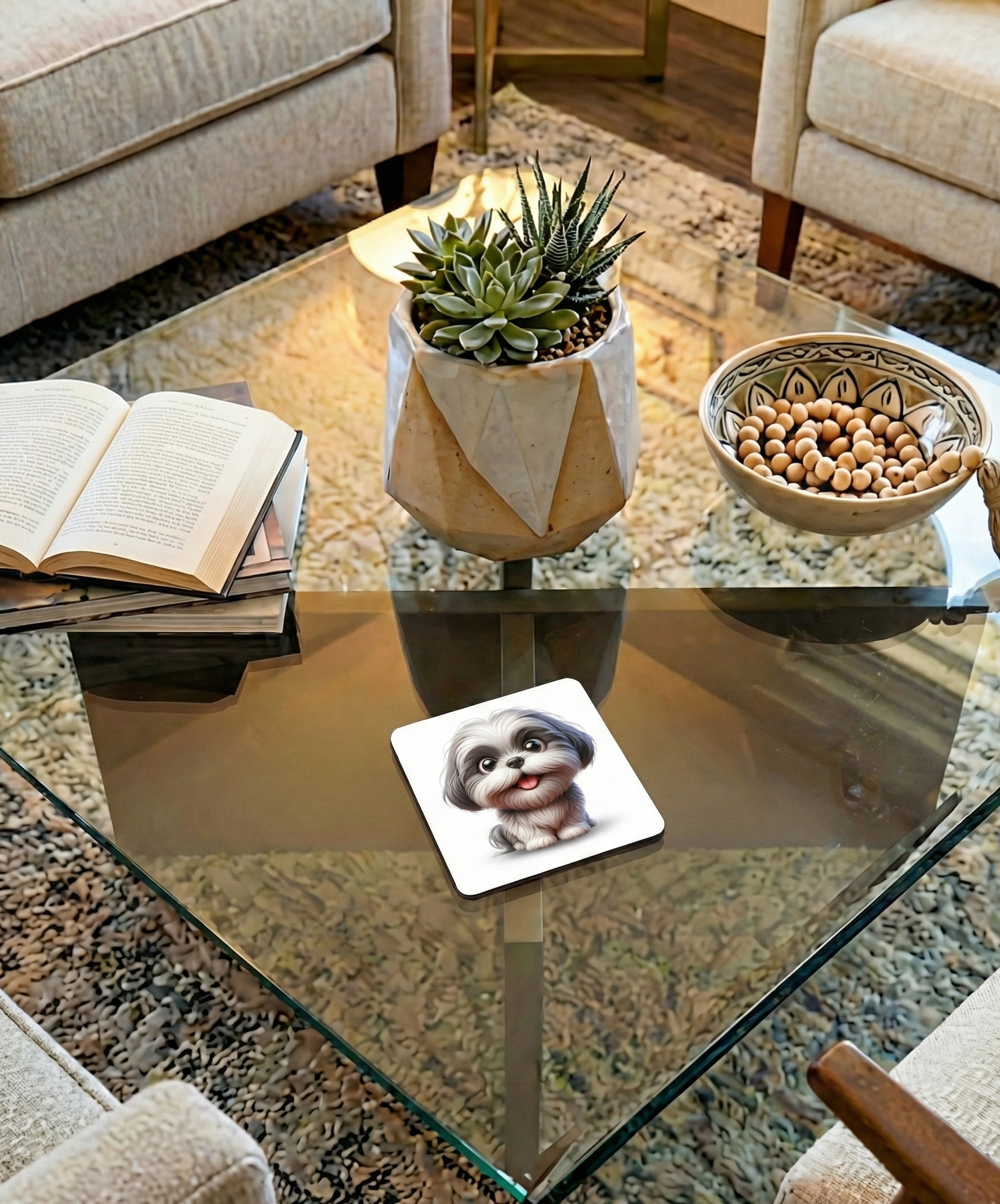 White and grey Shih Tzu dog coaster on a glass coffee table. A geometric pot with succulents is in the background.