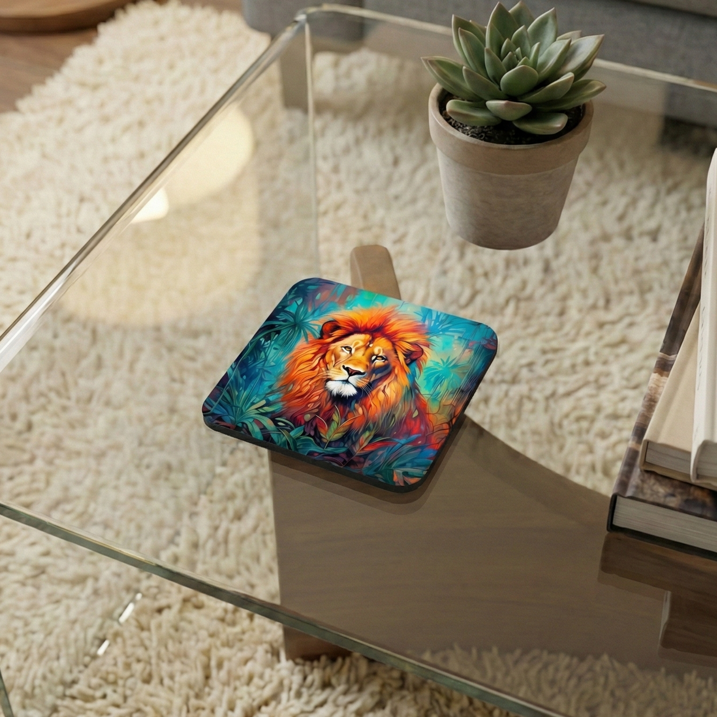 A square coaster showing an expressive painting of a lion with a bright orange mane set against dark blue and teal foliage.
