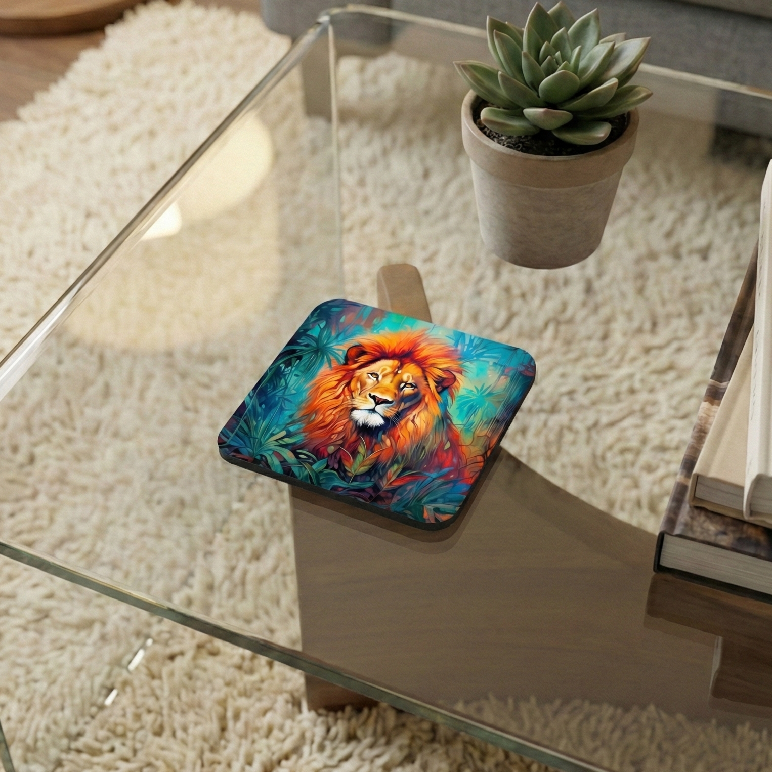 A square coaster showing an expressive painting of a lion with a bright orange mane set against dark blue and teal foliage.