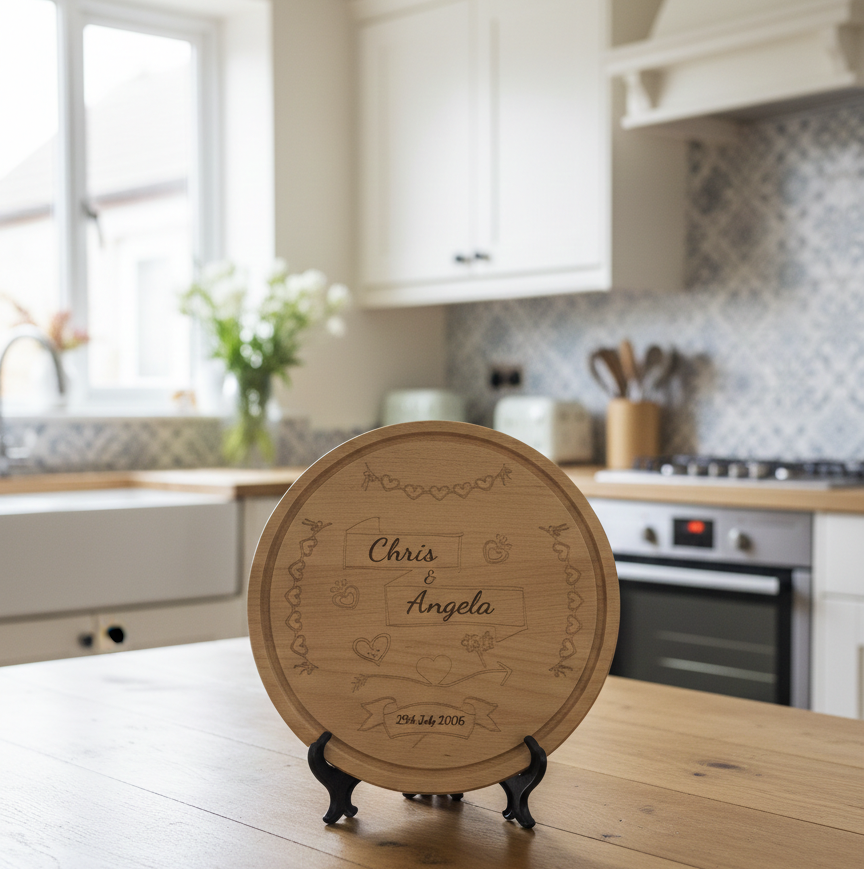 Light oak, circular chopping board engraved with hearts and names, standing on a wooden table in a bright kitchen with white cabinets.