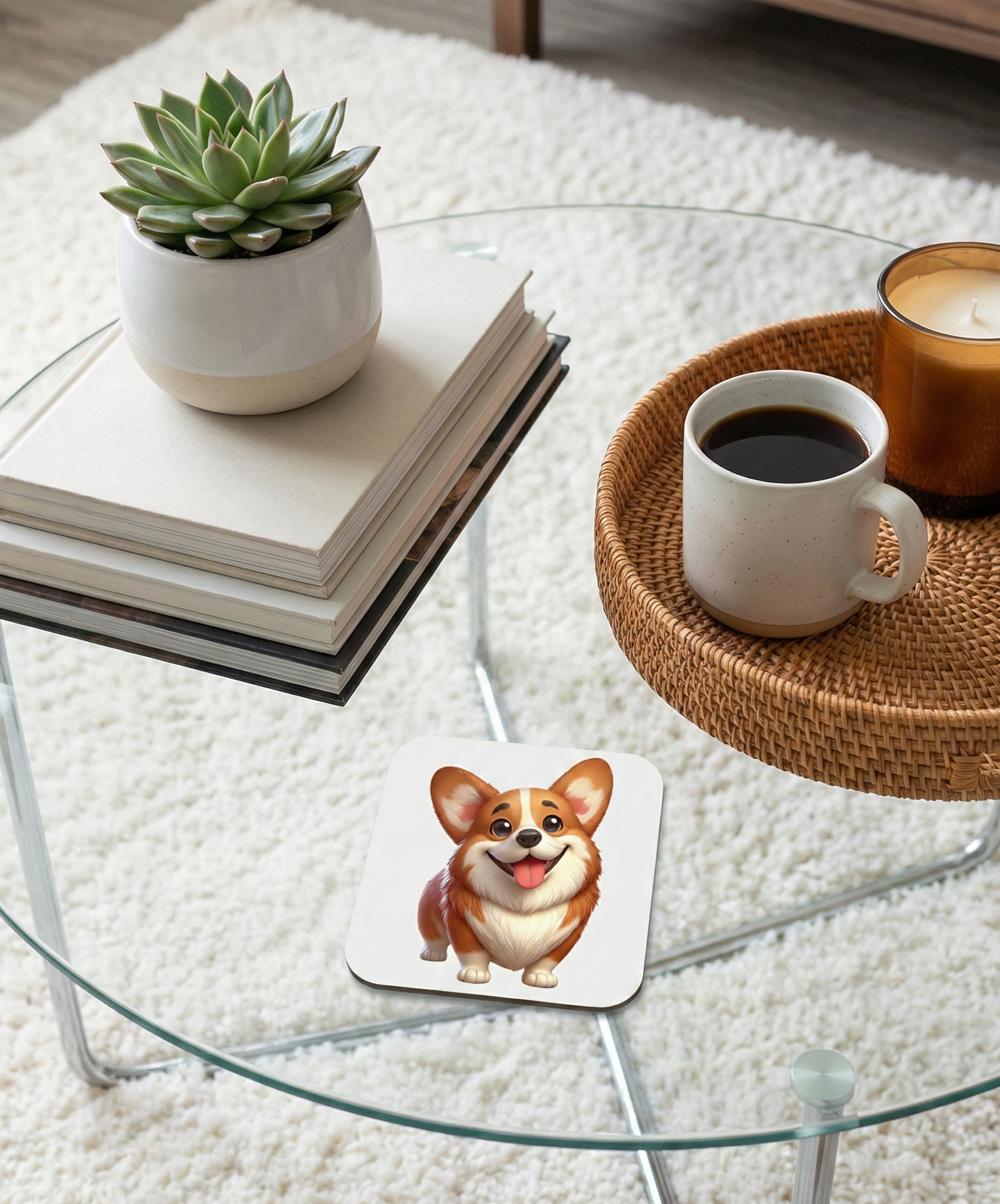 Happy Corgi dog coaster on a glass table next to a stack of books and coffee in a wicker tray.