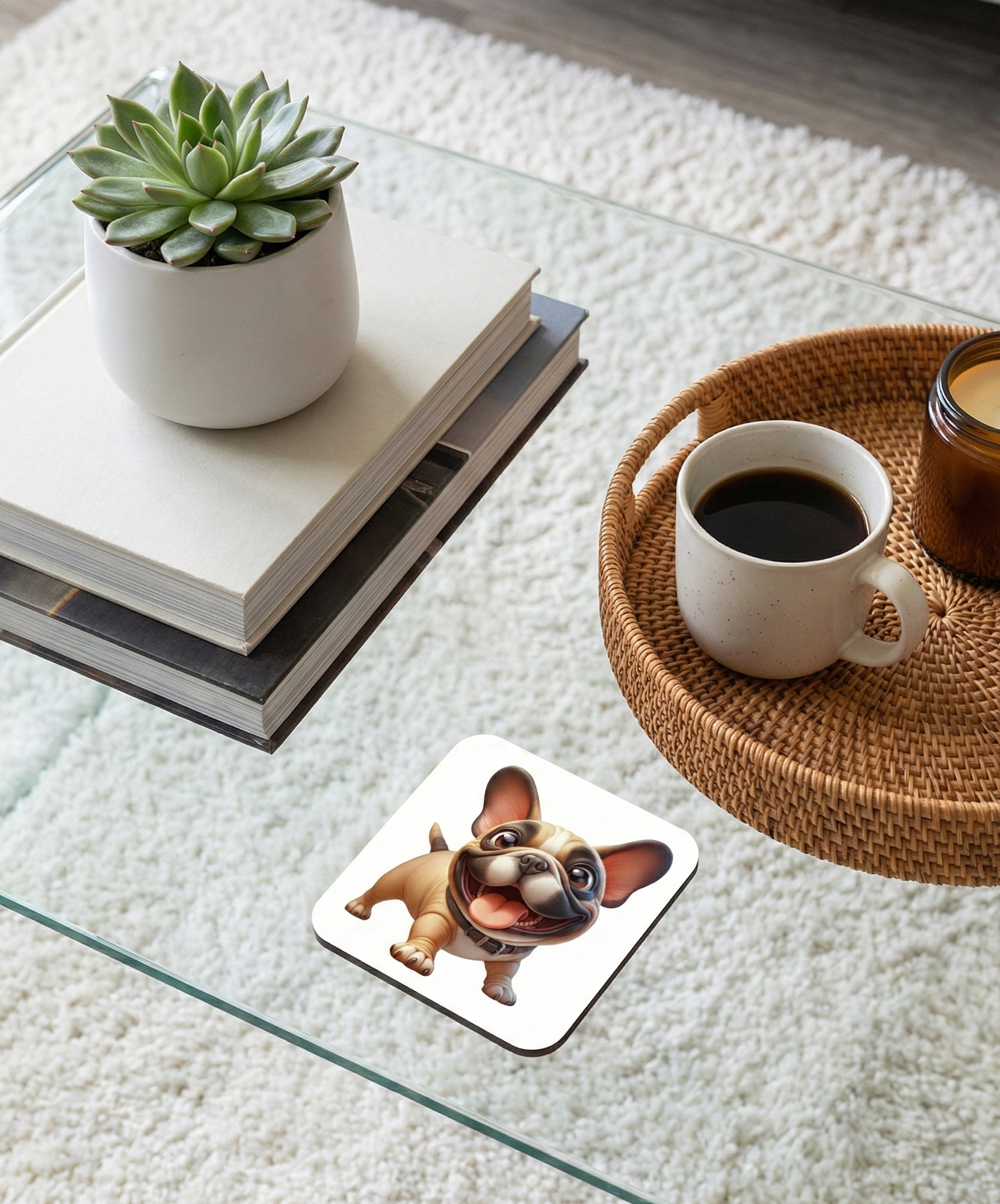 French Bulldog dog coaster on a glass coffee table with a succulent pot and a coffee mug in a wicker tray.