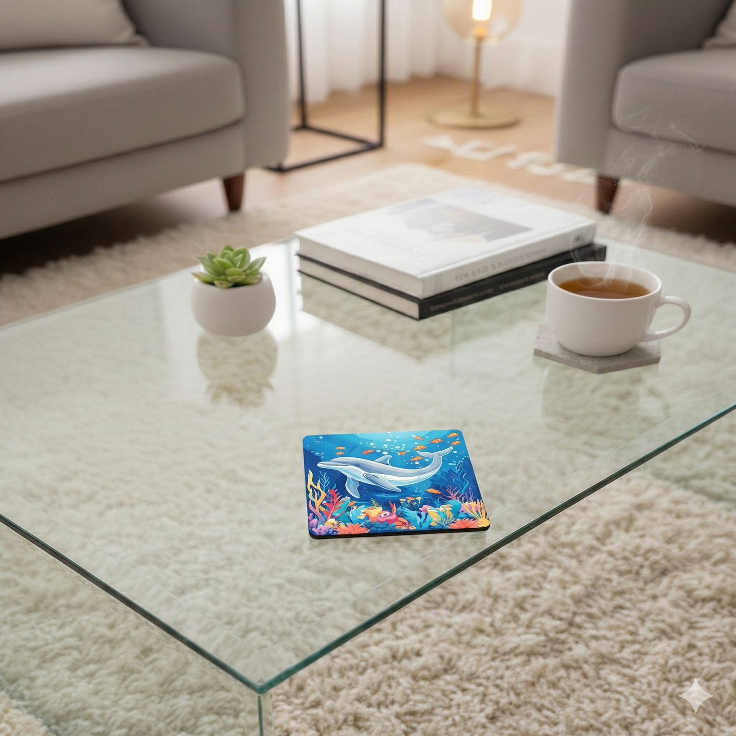 A grey dolphin on a square coaster with colourful coral, resting on a glass coffee table in a modern living room.