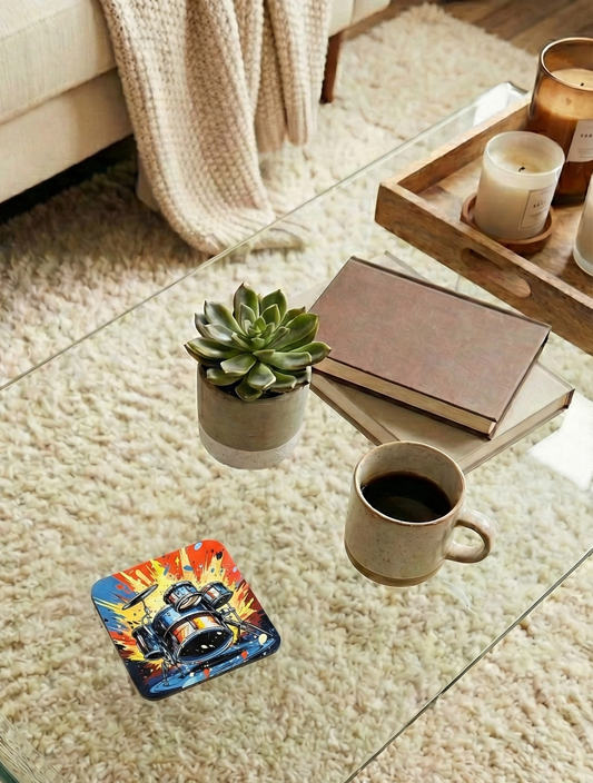 High angle shot of a glass table over a thick, cream rug. Speckled mug, succulent, books, and a vibrant drum kit coaster.