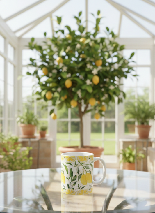 White mug patterned with yellow lemons sits on a textured glass table; blurred flowering lemon tree in a bright conservatory background.