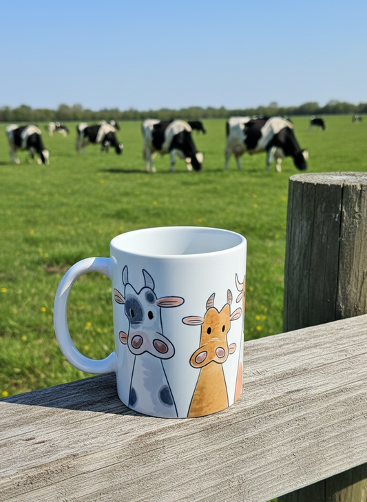 White mug with cartoon Grey and Brown cows on a wooden fence, set against real Black and White Holsteins grazing in a sunny green field.