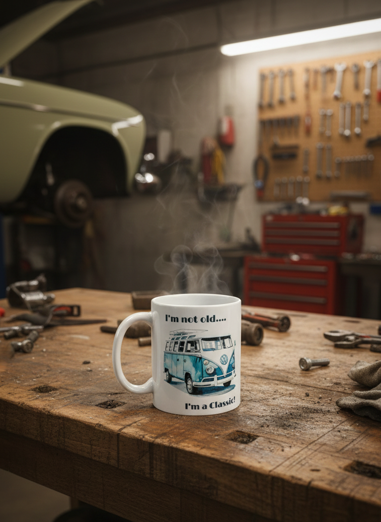 A white ceramic coffee mug with a vintage blue car illustration and the text "I'm not old... I'm a Classic!"