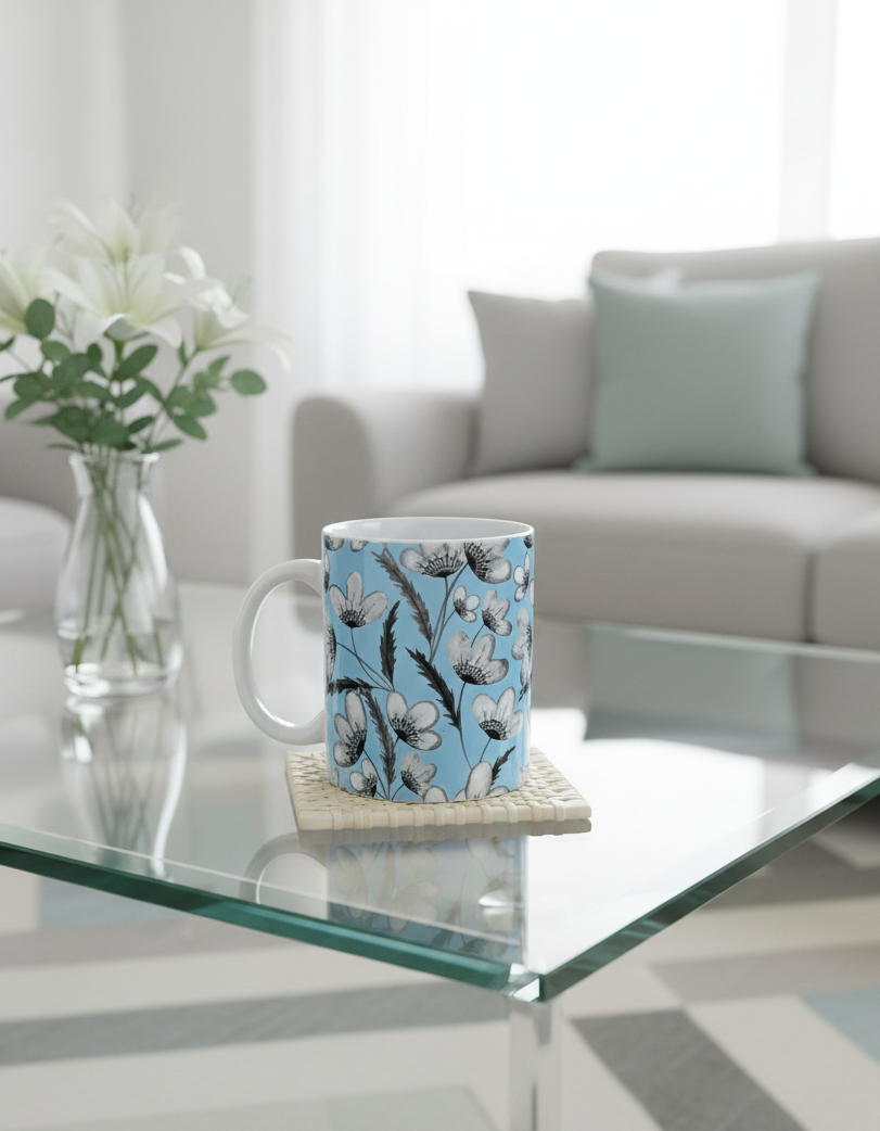 White ceramic mug with grey and white floral pattern on a pale blue background, placed on a woven coaster on a glass table.