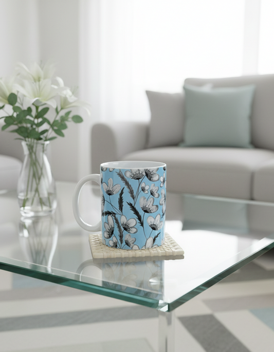White ceramic mug with grey and white floral pattern on a pale blue background, placed on a woven coaster on a glass table.