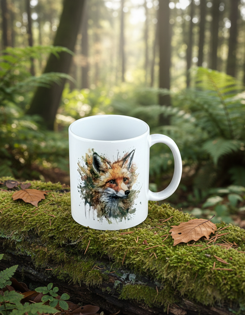 White mug, featuring watercolour fox, resting on a thick, dark green mossy log in a hazy woodland setting.