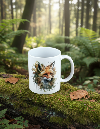 White mug, featuring watercolour fox, resting on a thick, dark green mossy log in a hazy woodland setting.