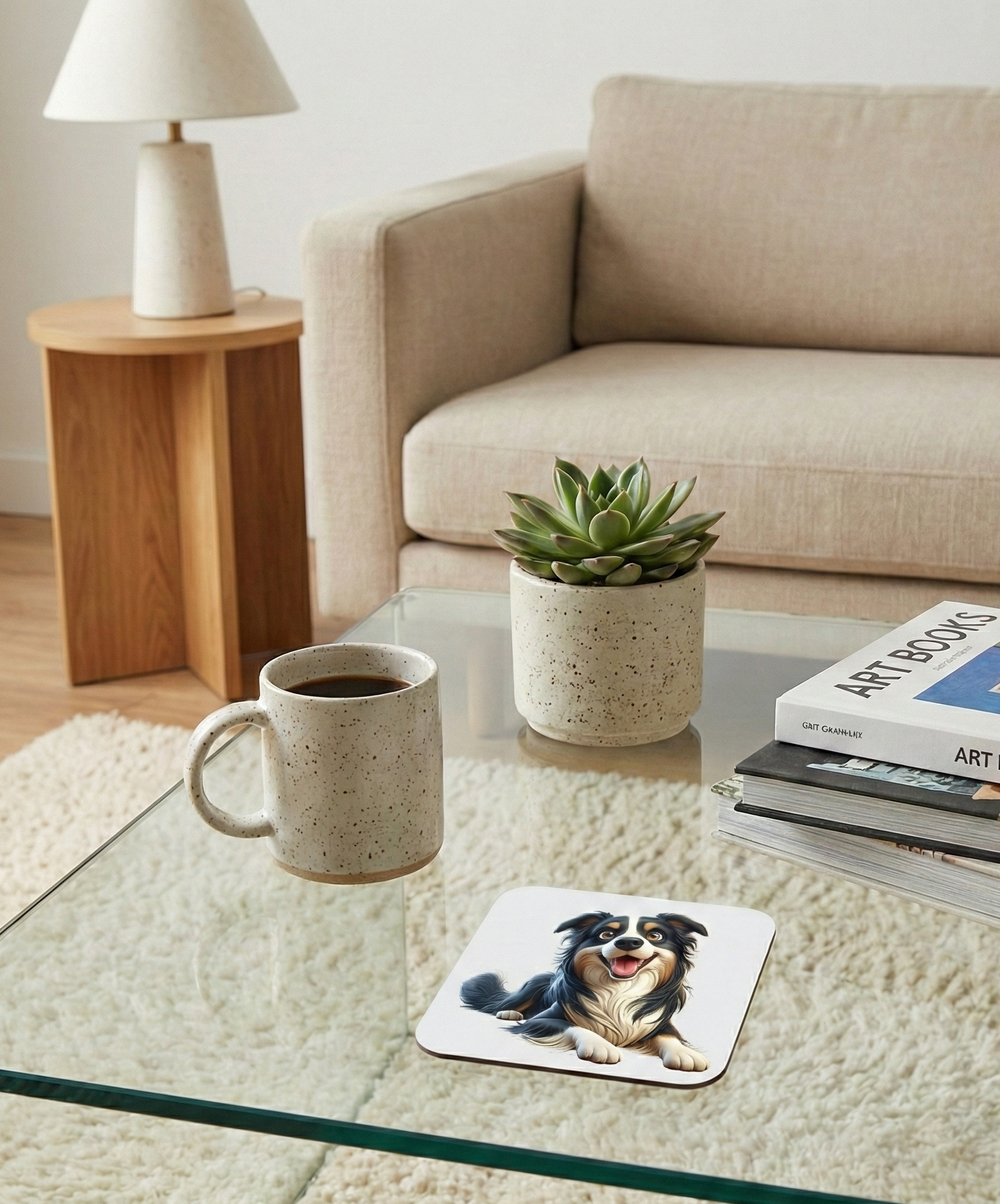 Black and white Border Collie dog coaster on a glass table. A speckled mug and art books sit on a shag rug.