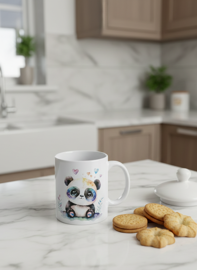 White mug with a watercolour panda motif resting on a polished marble surface, surrounded by golden-brown shortbread biscuits.