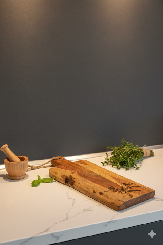 Highly figured reddish-brown wooden serving board with engraved herbs, basil leaf, and small wooden mortar on white countertop.