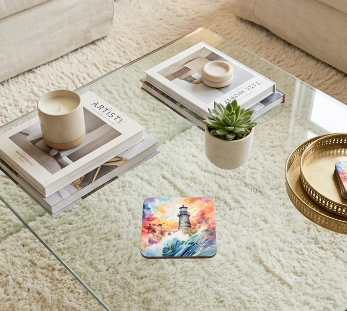 A square coaster with a vibrant lighthouse painting sits on a glass table beside books, a candle and a succulent plant.