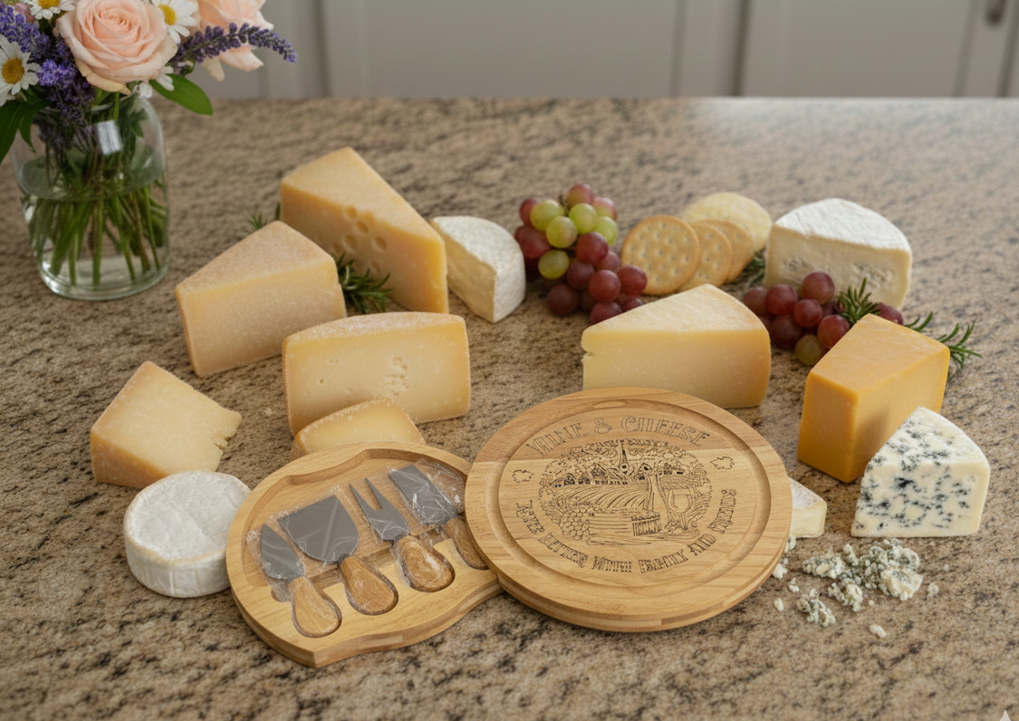 Assorted yellow, orange, and white cheese wedges, red grapes, and crackers surround an open, engraved circular wooden cheese board set.