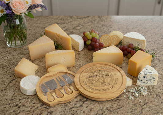 Assorted yellow, orange, and white cheese wedges, red grapes, and crackers surround an open, engraved circular wooden cheese board set.