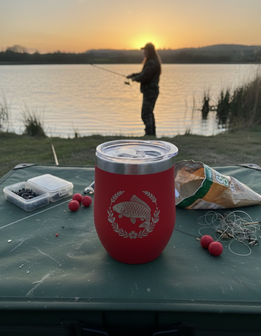 Matte red insulated tumbler with metallic rim, clear lid, and carved fish design. Sat on a green box by a lake at sunset.